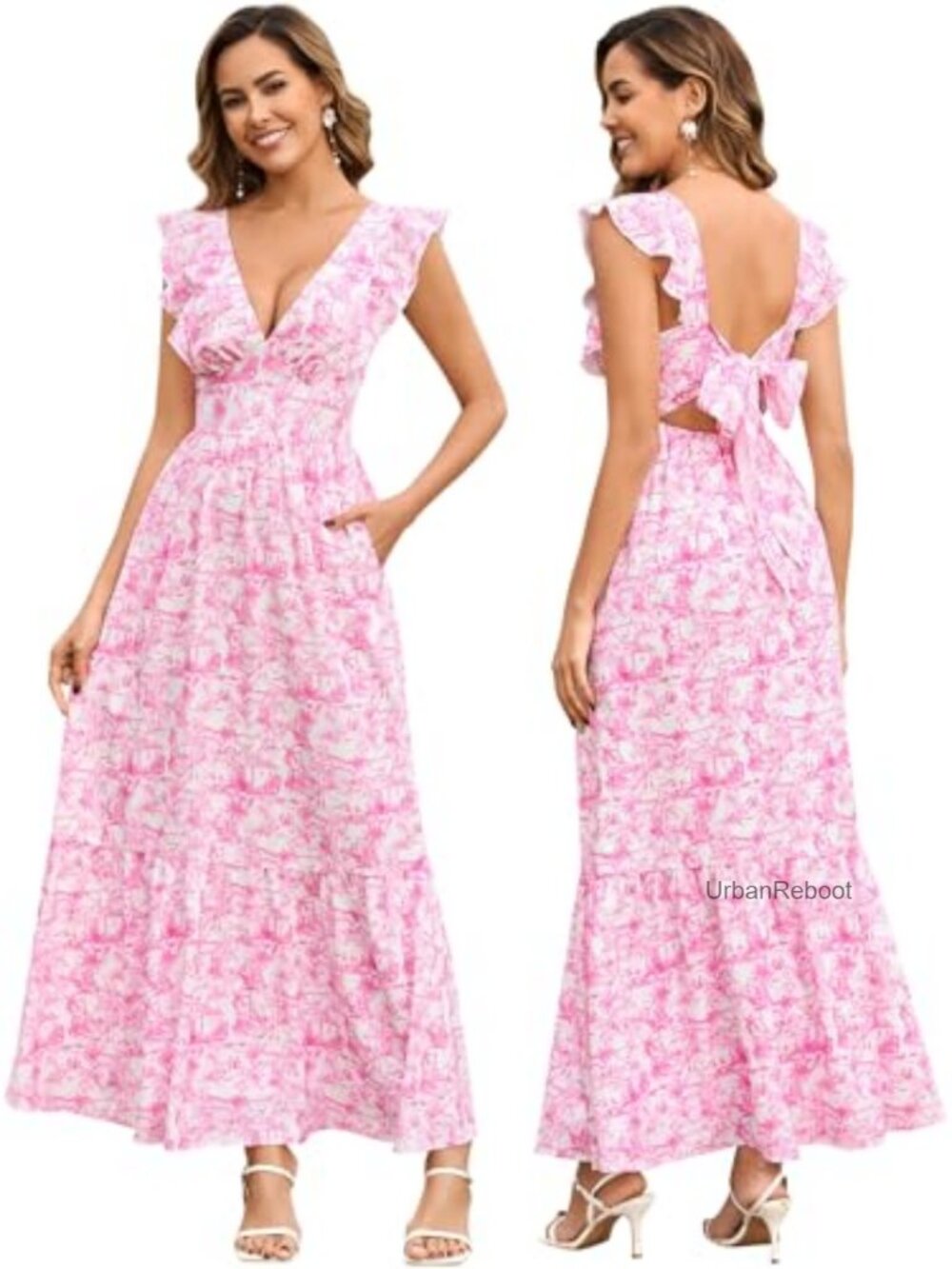 Floral Maxi Dress V-Neck Bow Tie Back Pockets Summer Sundress
